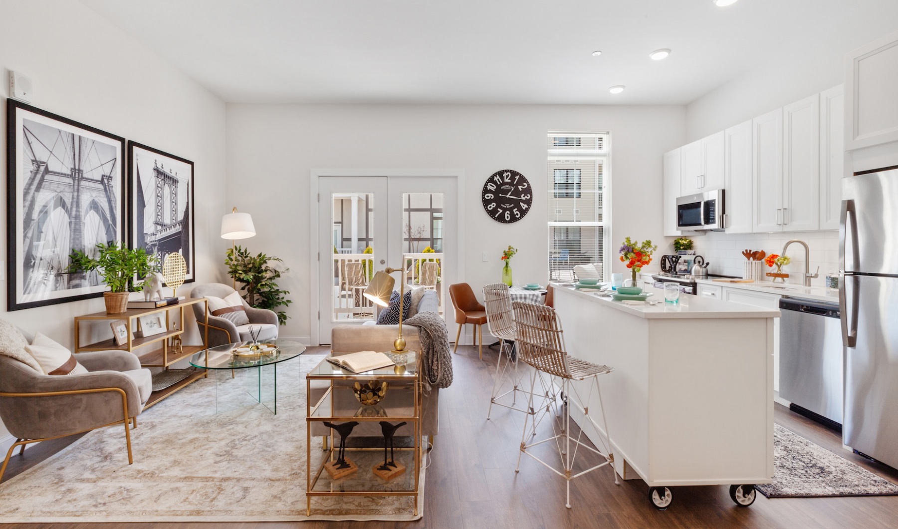 Cornerstone Living Room kitchen and living room with moveable island and seating area